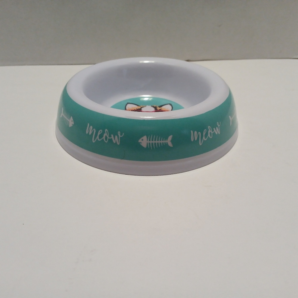 Cat Bowl with Fun Design - White and Teal - Picture 2 of 4